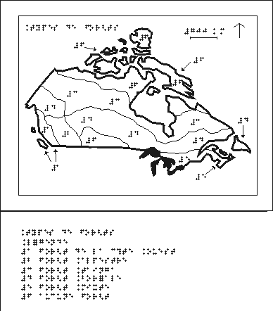 Représentation graphique d’une carte tactile. Dans cet exemple, il s’agit des différents types de forêts du Canada