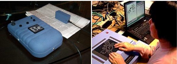 (gauche) : l’ADVANCED DISPLAYS for the BLIND de ABTIM ; (droite) : le DotView de KGS